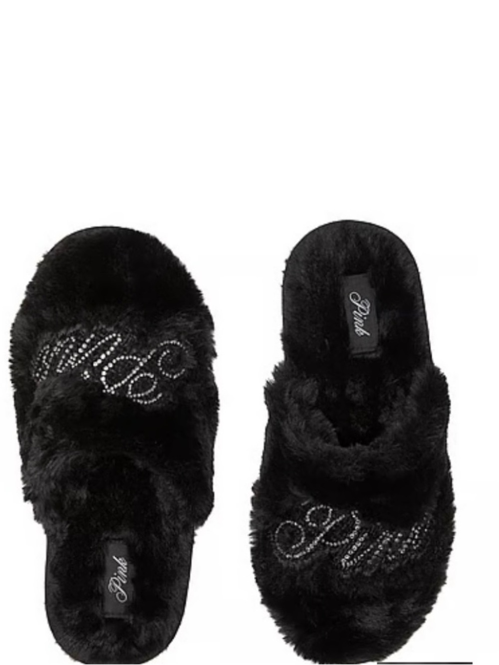 New PINK Victorias Secret Slippers Faux Fur Bling Logo Size Large 9/10 Cozy NWT